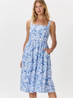100% European Linen Fit & Flare Midi Dress Floral Waterfall